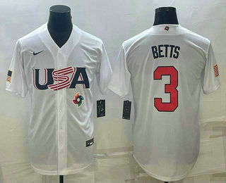 Mens USA Baseball #3 Mookie Betts 2023 White World Baseball Classic Replica Stitched Jerseys